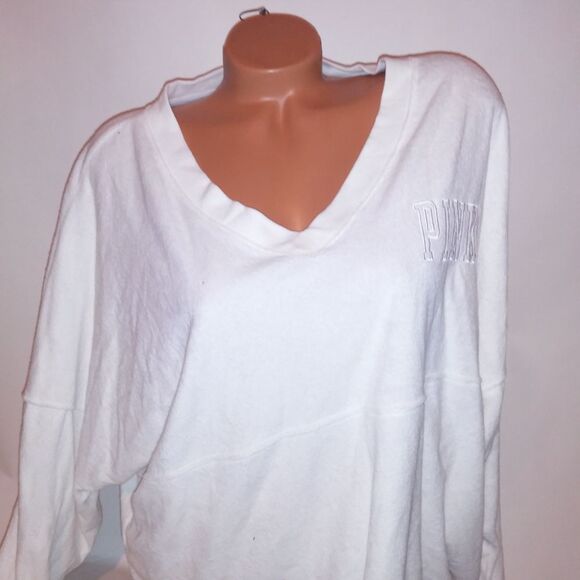 Victoria Secret PINK Sweater XL Terry Cloth Logo White Solid Long Sleeve V Neck - Picture 3 of 9